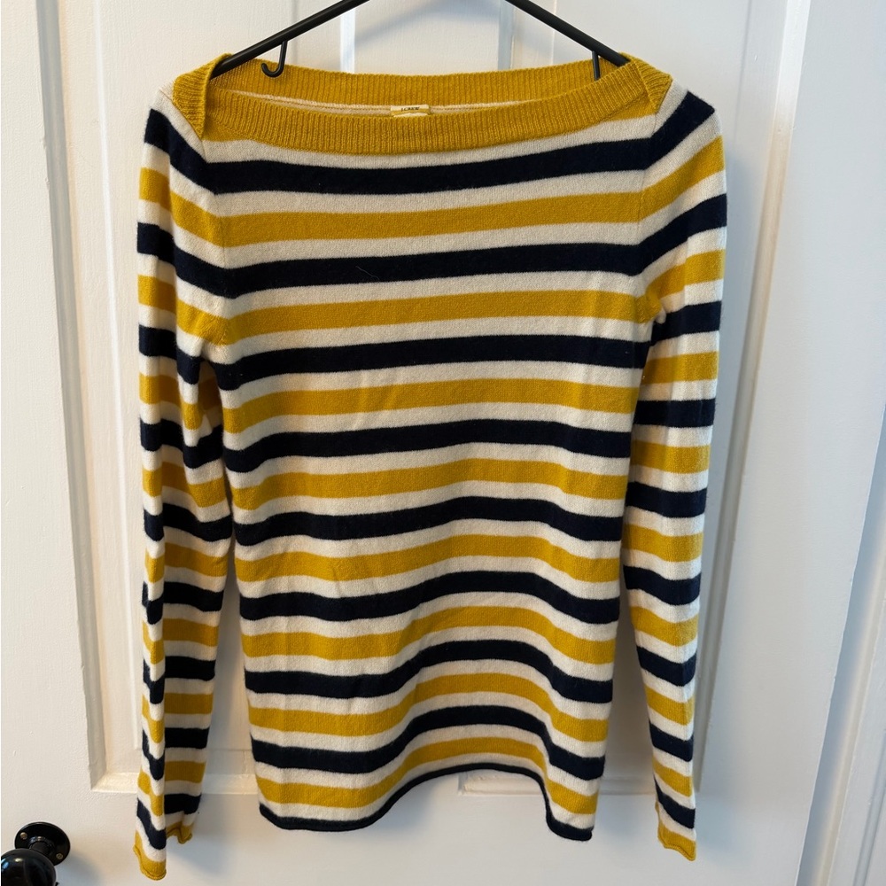J. Crew Mustard and Navy Striped Cashmere Crew Neck Sweater